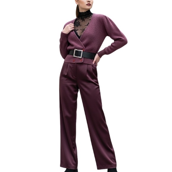 Vintage 90s wool Angora soft fuzzy plum wine puff sleeve cardigan sweater M - Picture 3 of 16